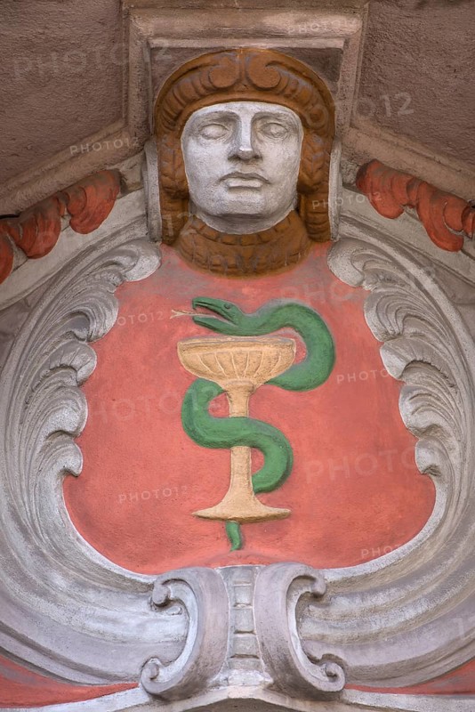 Art Nouveau figure and sign above the entrance of a pharmacy, Erlangen, Middle Franconia, Bavaria, Germany, Europe