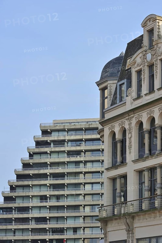 Old apartments and new flats along the North Sea coast at Ostend, Belgium, Europe