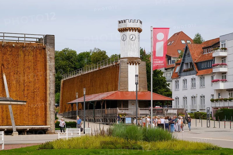 Gradierwerk Clock Tower with Flag Tourist Information, Bad Salzuflen, North Rhine-Westphalia, Germany, Europe