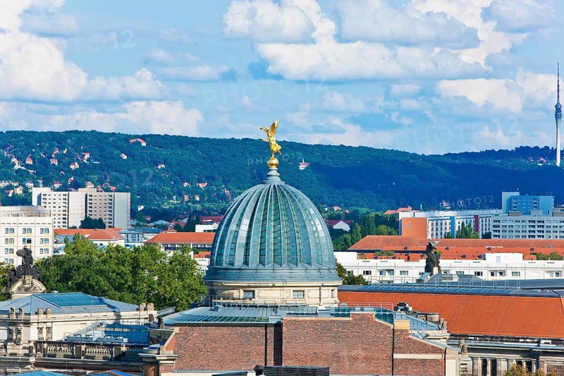 View from the Hausmannsturm tower to the east of Dresden, in the foreground the glass dome with the Fama, the new Saxon Art Association, in the background the slopes of the River Elbe