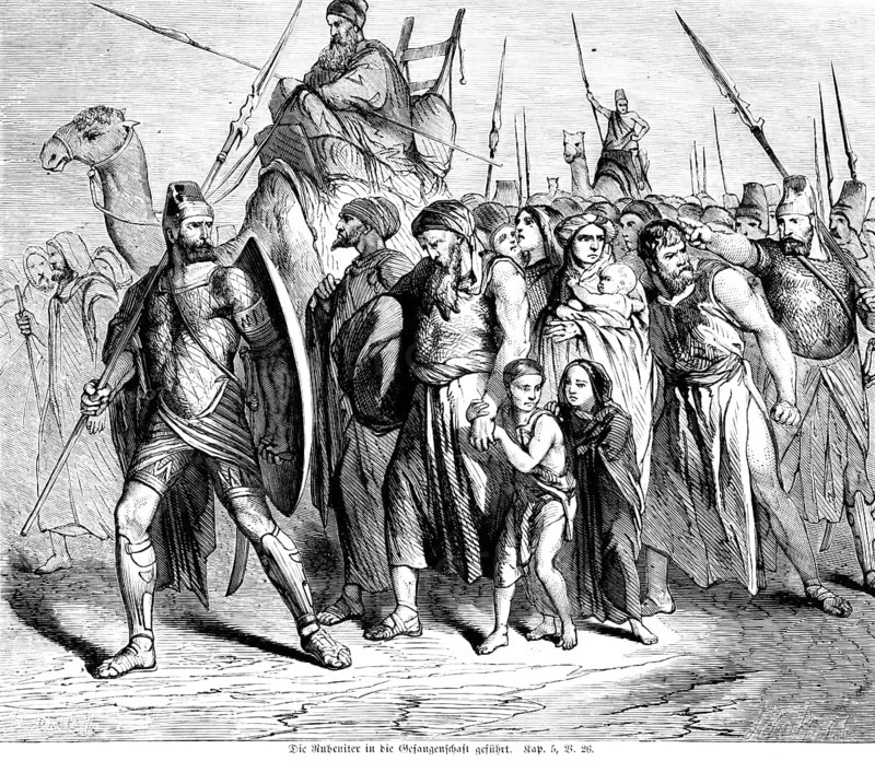 The Reubenites are led into captivity, war, weapons, captives, spears, warriors, lead away, men, woman, children, camel, ride, march, Bible, Old Testament, First Book of Chronicles, Chapter 5, Verse 26, historical illustration c. 1850