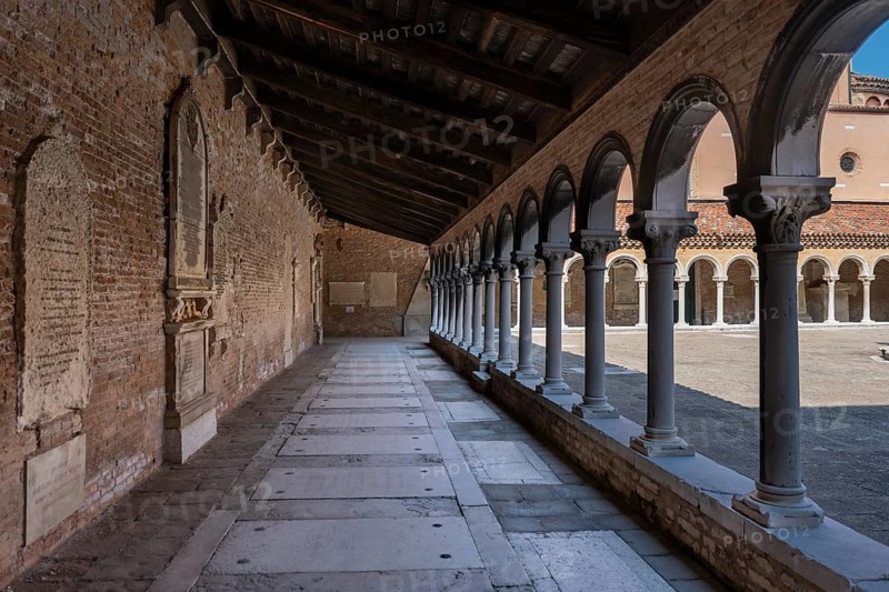 Cloister with tombs, church Chiesa di San Michele in Isola, cemetery island of San Michele, Venice, Italy, Europe