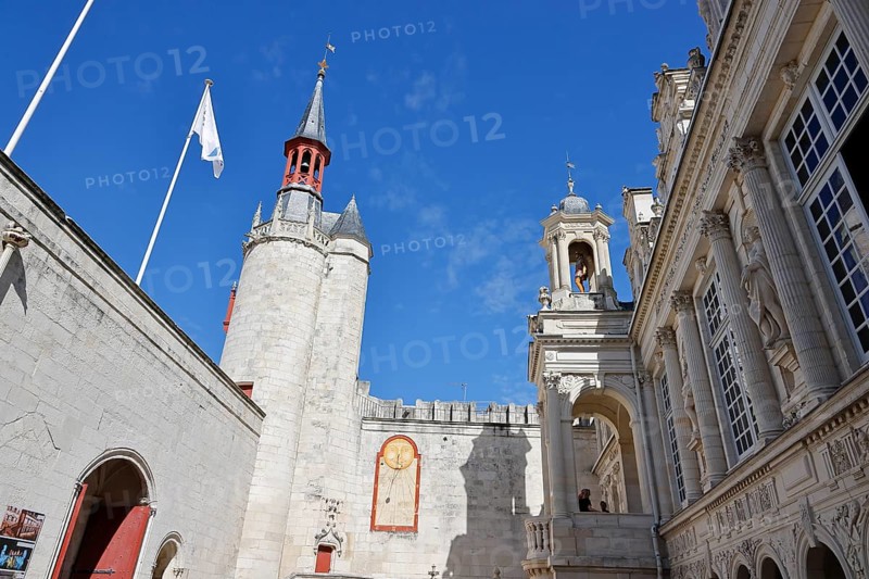 Historic Town Hall of La Rochelle, Hôtel de Ville, courtyard with Belfry and sundial, Charente-Maritime, France, Europe