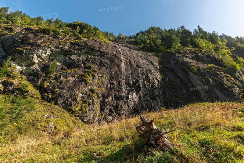 Stilluptal, Stillupgrund, Mayrhofen, high mountain nature park Zillertal Alps, waterfall, rock face, fir trees, Tyrol, Austria, Europe