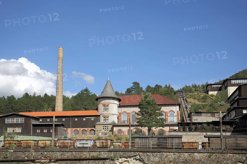 UNESCO Rammelsberg mine with chimney and houses, ore mine, Goslar, Harz, Lower Saxony, Germany, Europe