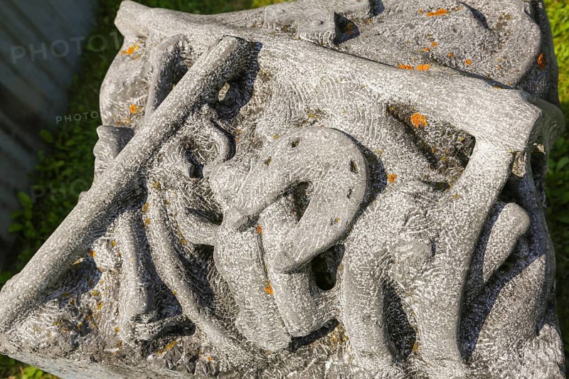 The Swedish grave, former mass grave of 300 Swedish cavalry soldiers, memorial, memorial stone, burial ground, place of worship, monument, replica of bones, t, stone sculpture, sculpture, Mühlheim an der Donau, Baden-Württemberg, Germany, Europe