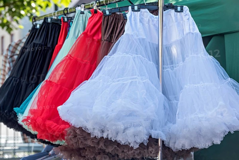 Petticoats in various colours, fashionable 1950s nylon petticoats with ruffles and lace, flea market, Friedberg, Wetterau, Hesse, Germany, Europe