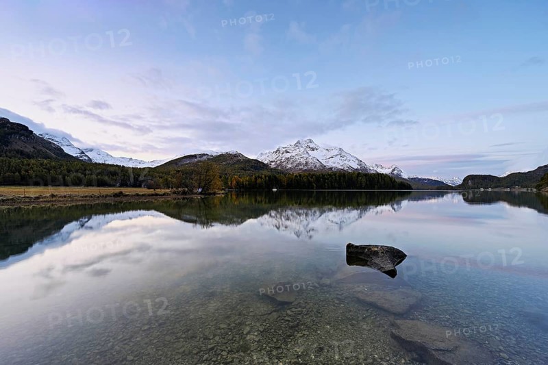 Morning atmosphere at Lake Sils behind Piz da la Margna, Sils, Engadin, Canton Graubünden, Switzerland, Europe