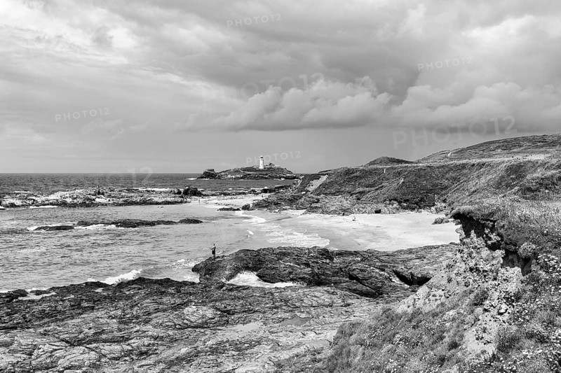 South West Coast Path, coastline with Godrevy Island and lighthouse, landscape conservation area, National Trust, monochrome, Gwithian, St Ives Bay, Cornwall, England, United Kingdom, Europe