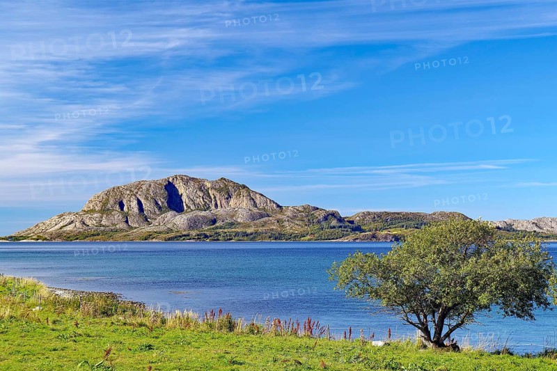 Single mountain and view of Torghatten, Bronnöysund, Kystriksveien, FV 17, Helgeland, Norway, Europe