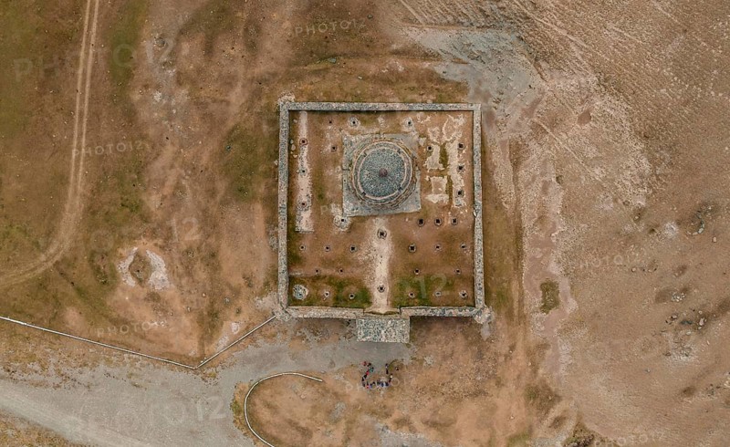 Aerial view, looking down on the caravanserai of Tash Rabat from the 15th century, Naryn region, Kyrgyzstan, Asia