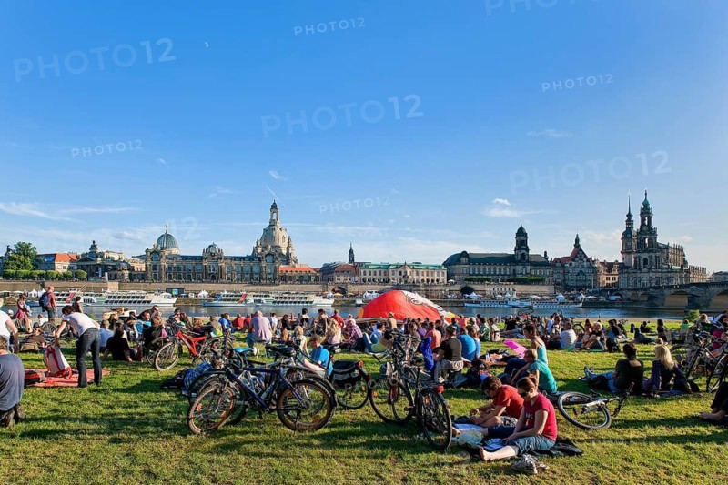 Dresden silhouette View of Dresden's historic city centre from the banks of the Elbe in Neustadt. Hot air balloon launch