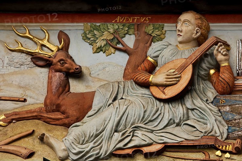 Relief Auditus, Hearing Sense, Splendid Facade Decoration on the House to the Broad Hearth, Detail, Renaissance, Erfurt, Thuringia, Germany, Europe