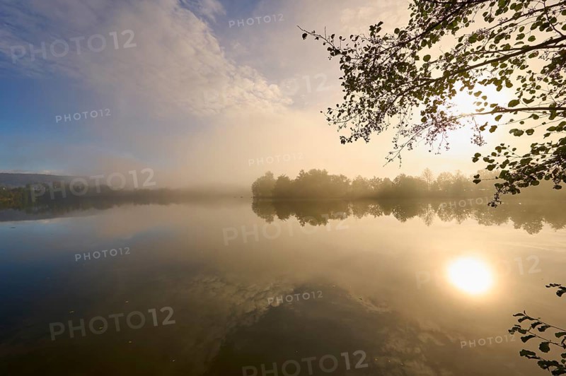Lake, reflection, sky, clouds, fog, sunrise, autumn, Freudenberg, Odenwald, Baden-Württemberg, Germany, Europe