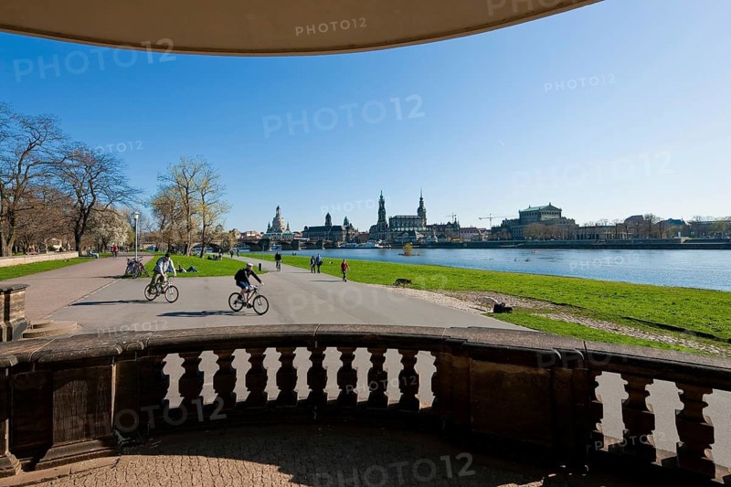 Dresden silhouette in spring. Numerous Japanese cherry trees blossom on the banks of the Neustädter Elbe in spring and invite you to take a walk with a view of Dresden's old town centre