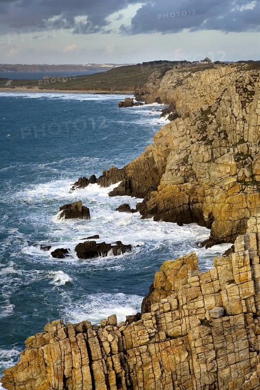 Sea cliffs at sunset at the Pointe de Pen-Hir, Finistère, Brittany, France, Europe