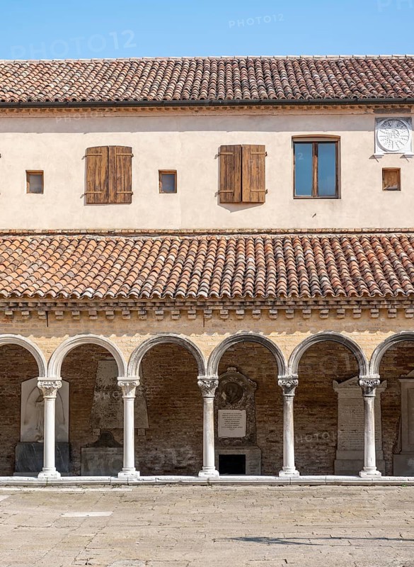 Cloister with tombs, church Chiesa di San Michele in Isola, cemetery island of San Michele, Venice, Italy, Europe
