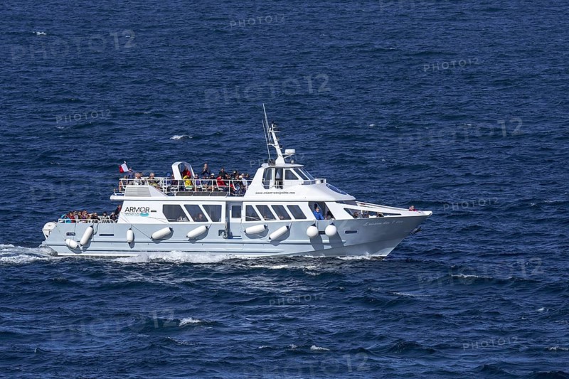 Excursion boat Armor Navigation sailing with tourist along Côte de granit rose, Pink Granite Coast to the Sept-Iles islands, Côtes-d'Armor, France, Europe
