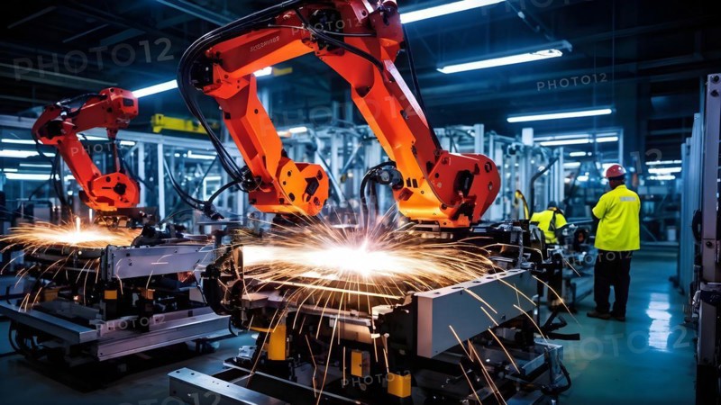 AI generated automotive assembly line in car manufacturing progression with automated machines