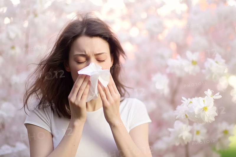 Woman with seasonal pollen allergy sneezing into paper tissue with spring flowers in background. KI generiert, generiert AI generated
