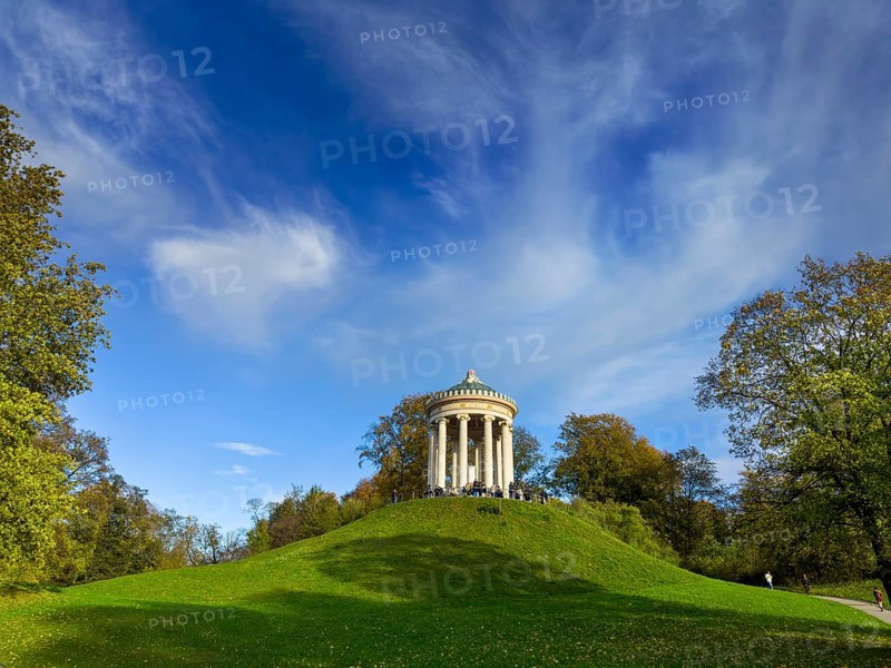 English Garden with Monopteros in autumn, dynamic cloud structure, Munich, Bavaria, Germany, Europe