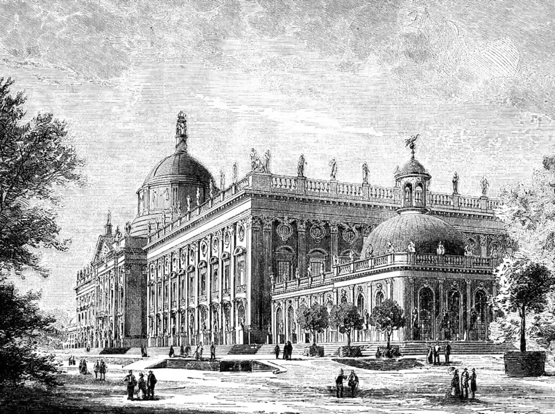 The New Palace at Potsdam at Sanssouci Park, architecture, architectural style Friderician Rococo, dome, builder is King Frederick II the Great, walkers, figures, front and side view, Prussia, Germany, historical illustration 1882, Europe