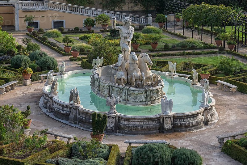 Neptune Fountain around 1900, in the garden of the Villa del Principe, Palazzo di Andrea Doria, Piazza dei Principe, Genoa. Italy