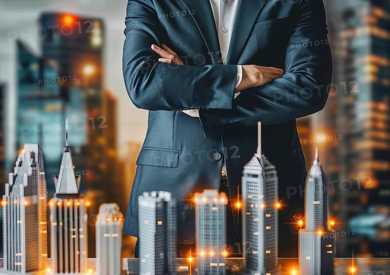 Successful realtor standing in front of modern luxury real estate he sells, AI generated