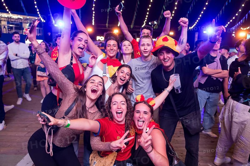 Group of fans at the Adidas fan zone at the Bundestag after the final match between Spain and England at the European Football Championship, Berlin, 14 July 2024
