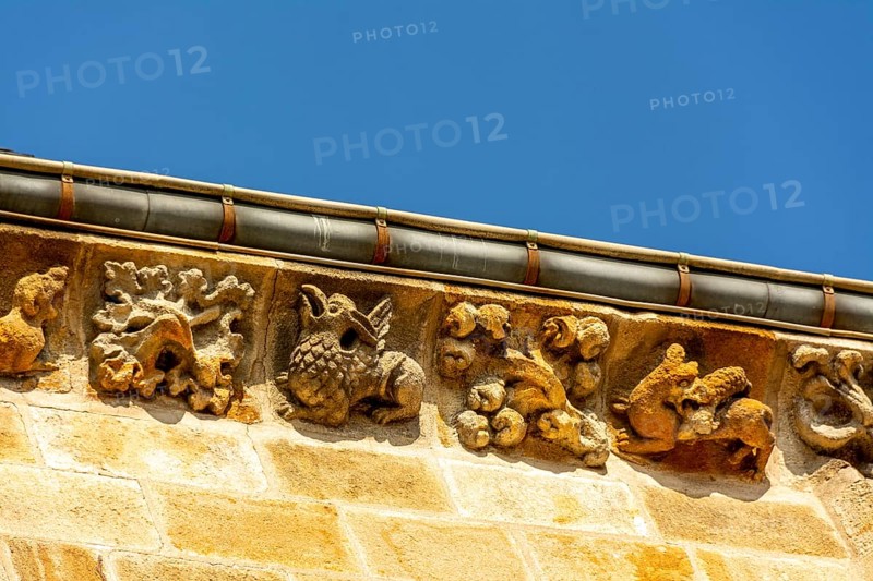 Vic le Comte, sculptures of Saint-Pierre church, Puy de Dome department, Auvergne Rhone Alpes, France, Europe