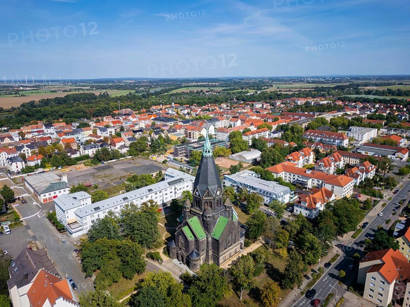 The Trinitatis Church is a neo-Romanesque sacred building in Riesa. With its 75 metre high tower, the church dominates the cityscape. Together with the monastery church, the Riesa-Gröba church and the Riesa-Weida church, the Trinitatis church has formed the Evangelical Lutheran parish of Riesa since January 2009., City view Riesa, Riesa, Saxony, Germany, Europe