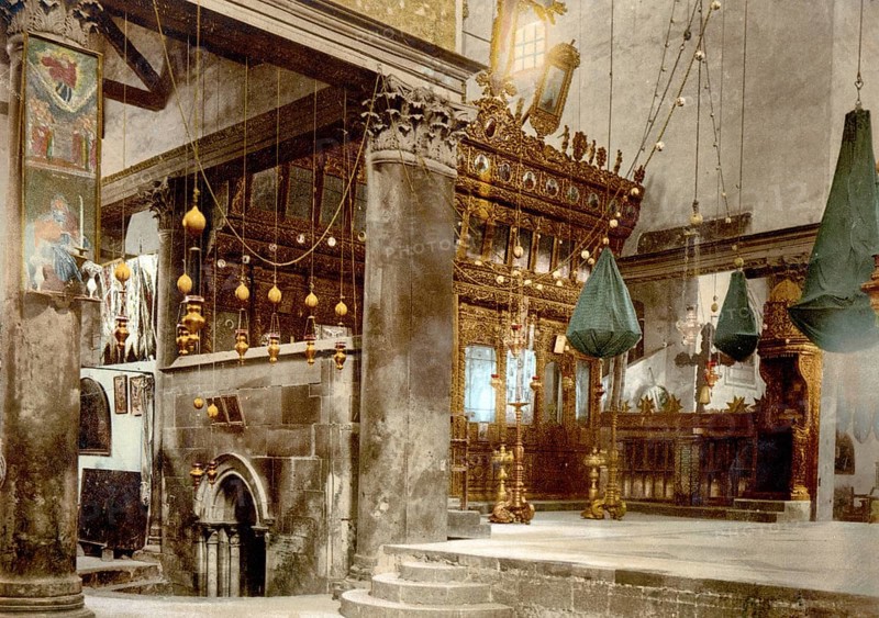 Church of the Nativity, Bethlehem, Holy Land, West Bank, c. 1890, Historic, digitally restored reproduction from a 19th century original, Church of the nativity, the Holy Land, West Bank, 1890, Historic, digitally restored reproduction from a 19th century original