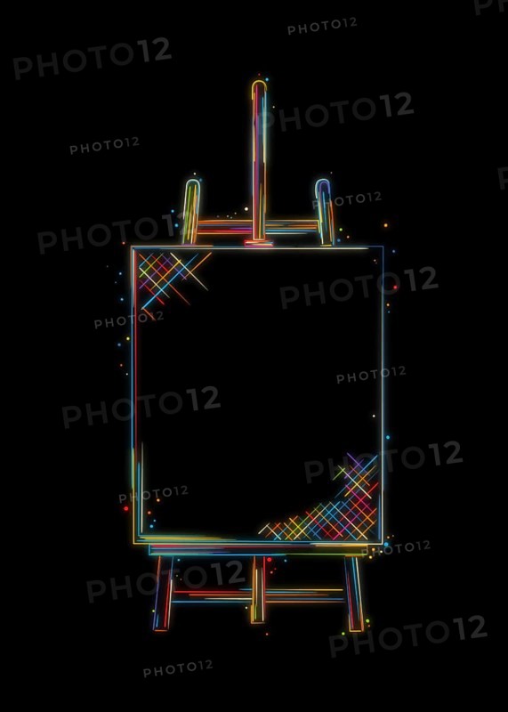 Easel and canvas sketch. Stylized vector drawing in colors over black