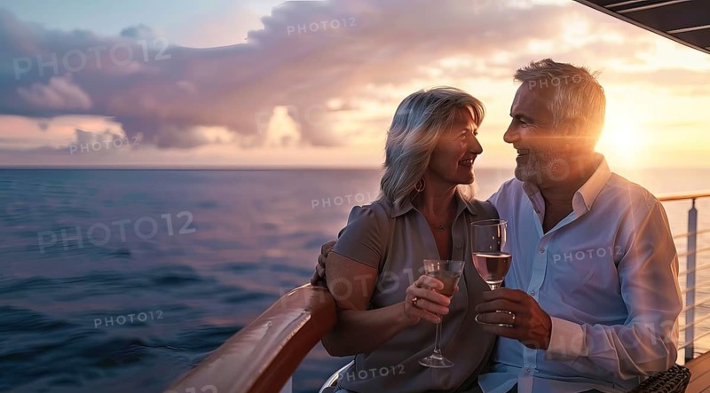 Happy senior romantic couple celebrate onboard of luxury cruise ship with glass of wine at sunset, AI generated