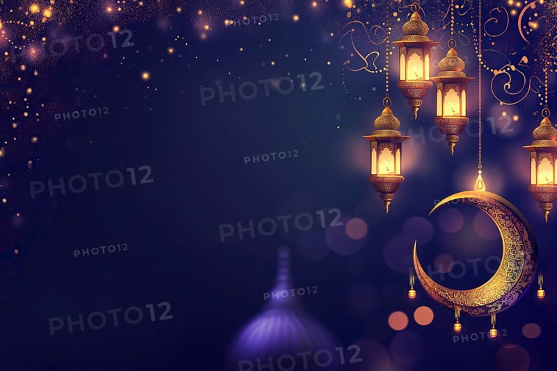 The essence of Ramadan with golden lanterns illuminating the dark night, adorned by a crescent moon and sparkling stars, AI generated