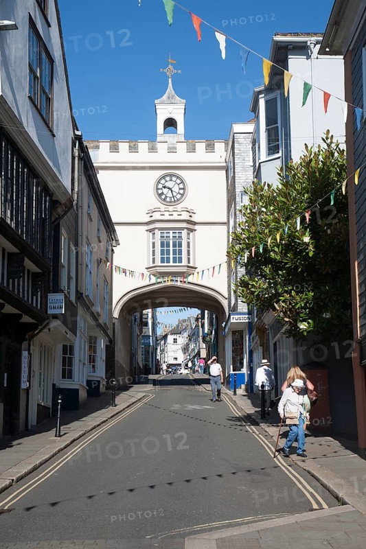 East Gate Tudor arch in the High Street at Totnes, Devon, England, United Kingdom, Europe