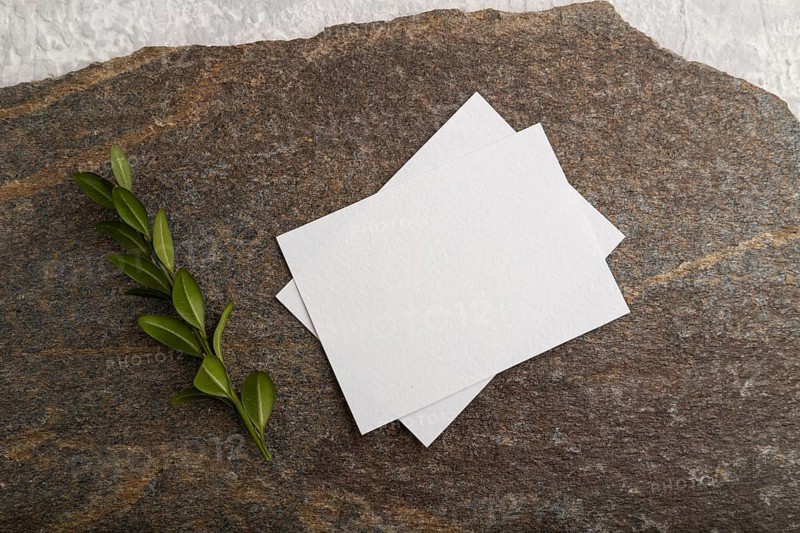 White paper business card, mockup with natural stone and boxwood branch on gray concrete background. Blank, flat lay, top view, still life, copy space