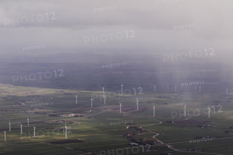 Aerial view of wind turbines, taken near Wischhafen, 25/03/2024