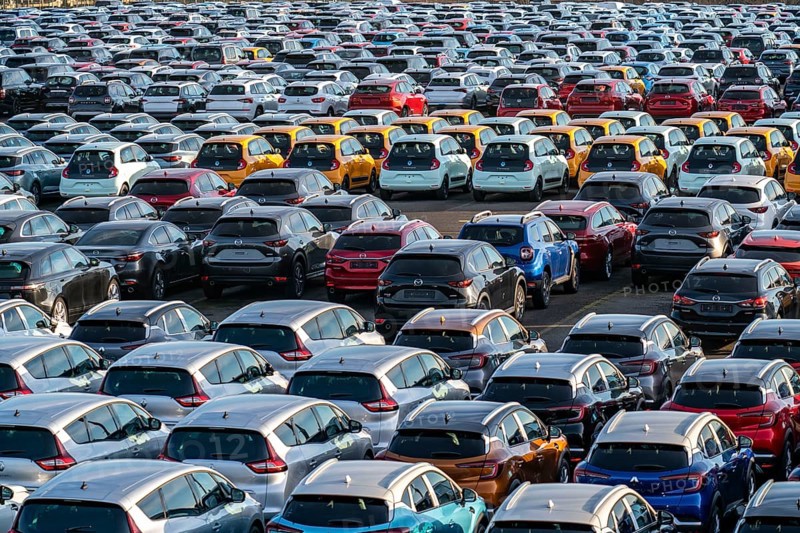 Car terminal in the Logport I inland port, in Duisburg on the Rhine, vehicle handling of new cars, storage area, North Rhine-Westphalia, Germany, Europe