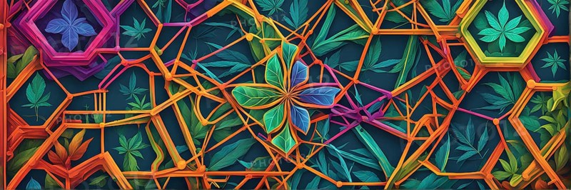Abstract painting of chemical structure of thc and cbd interlocking geometric shapes, AI generated
