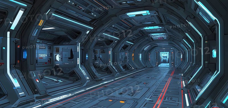 Three dimensional render of futuristic corridor inside a spaceship or space station, AI generated