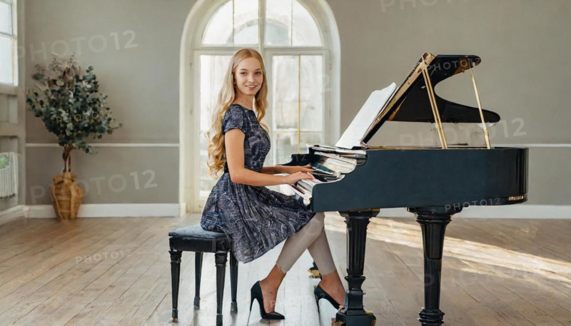 A woman in an eye-catching dress plays a piano in a room with creative interior design, AI generated, AI generated