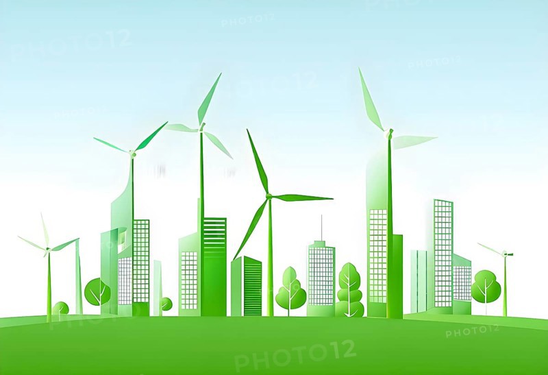 Abstract visual illustration of a city skyline where buildings morph into wind turbines and trees, AI generated