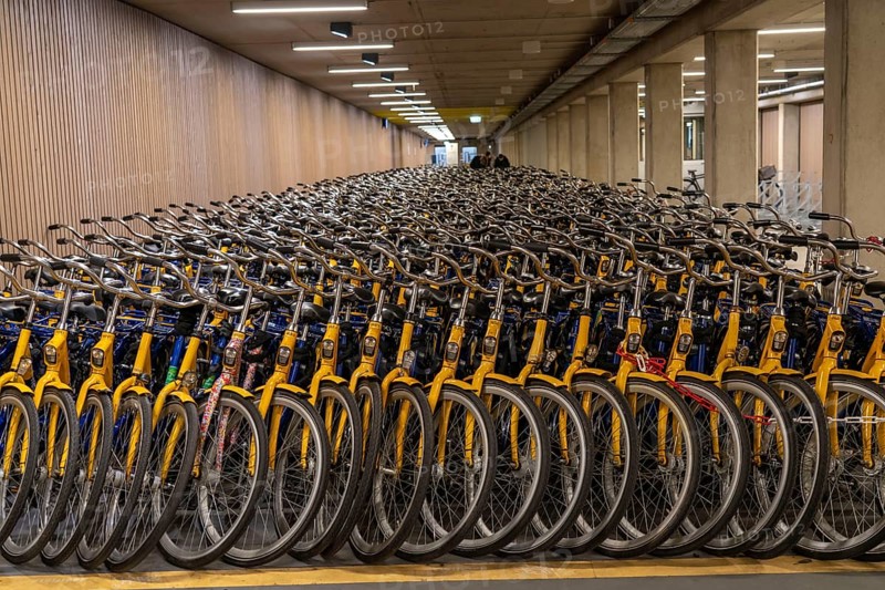 Bicycles at the OV-Fiets rental station, at Utrecht Central Station, hundreds of rental bikes waiting to be used, offer of the Dutch railway NS, for customers, low rental costs, available at almost every station, Utrecht, Netherlands
