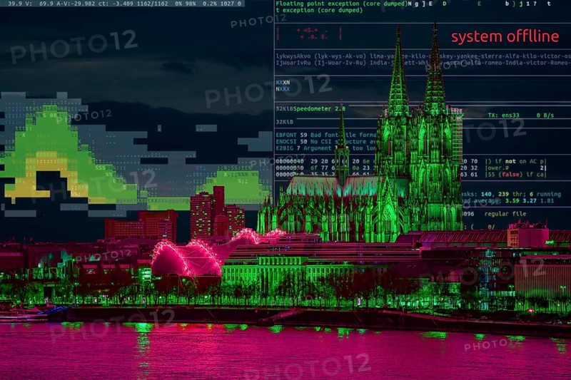 Symbolic image cyberattack, computer crime, cybercrime, computer hackers attack the IT infrastructure of a city, Cologne