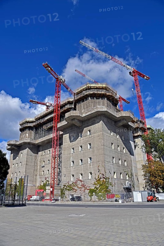 Europe, Germany, Hanseatic City of Hamburg, St. Pauli, former bunker on Feldstrasse, construction work, conversion and extension to a hotel and event centre, exterior design to create a green bunker, opening 2024, Europe