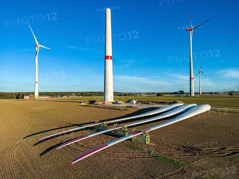 Wind farm near Bad Wünnenberg, construction site, storage area for a new wind turbine, components of the mast, the nacelle and the rotors are ready for assembly, North Rhine-Westphalia, Germany, Europe