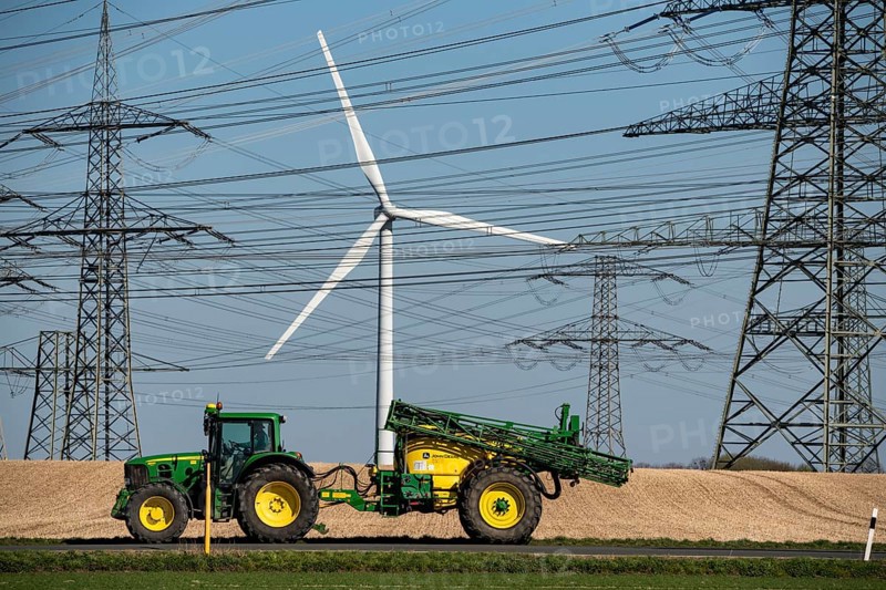Part of a line route, 380 KV extra-high-voltage line, wind turbine, near Hüchelhoven, district town of Bergheim, Rhein-Kreis-Neuss, North Rhine-Westphalia, Germany, Europe