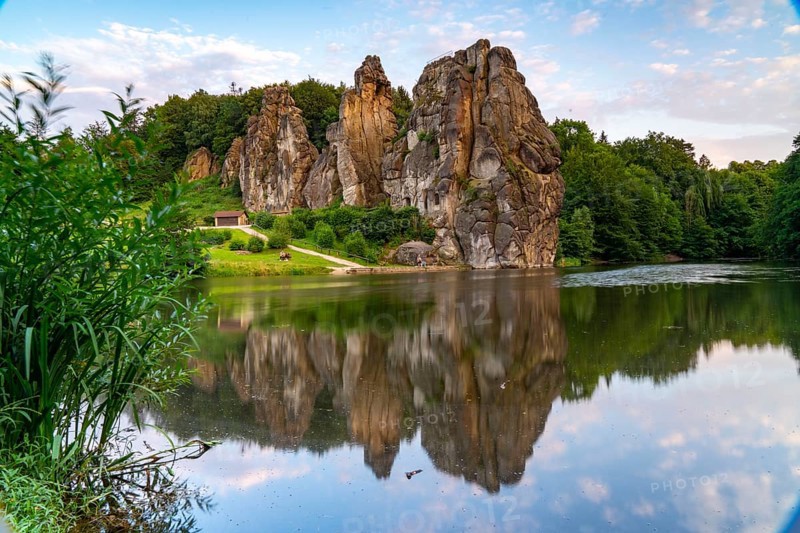 The Externsteine, a sandstone rock formation, Wiembecketeich, in the Teutoburg Forest, near Horn-Bad Meinberg, Lippe district, North Rhine-Westphalia, Germany, Europe
