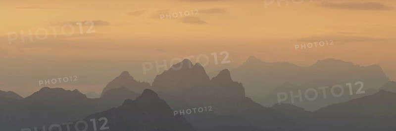 Mountain panorama from Grünten, 1783m, to the Tannheim mountains, Allgäu Alps, Tyrol, Austria, Europe